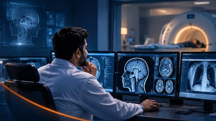Radiographer reviewing scans on PACS monitors