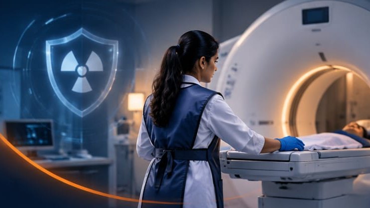 Technologist preparing a patient for a scan
